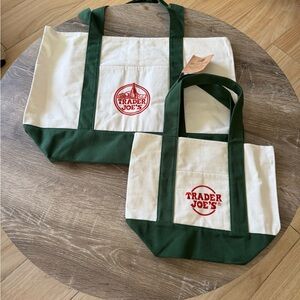 Trader Joe's Green and Cream  Tote Bag Set of 2. Small and Large